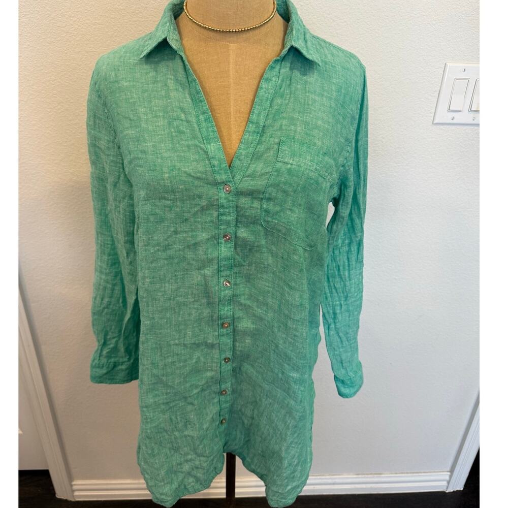 Sigrid Olson 100% Linen Green Tunic Button Up Casual Shirt Top Women S
